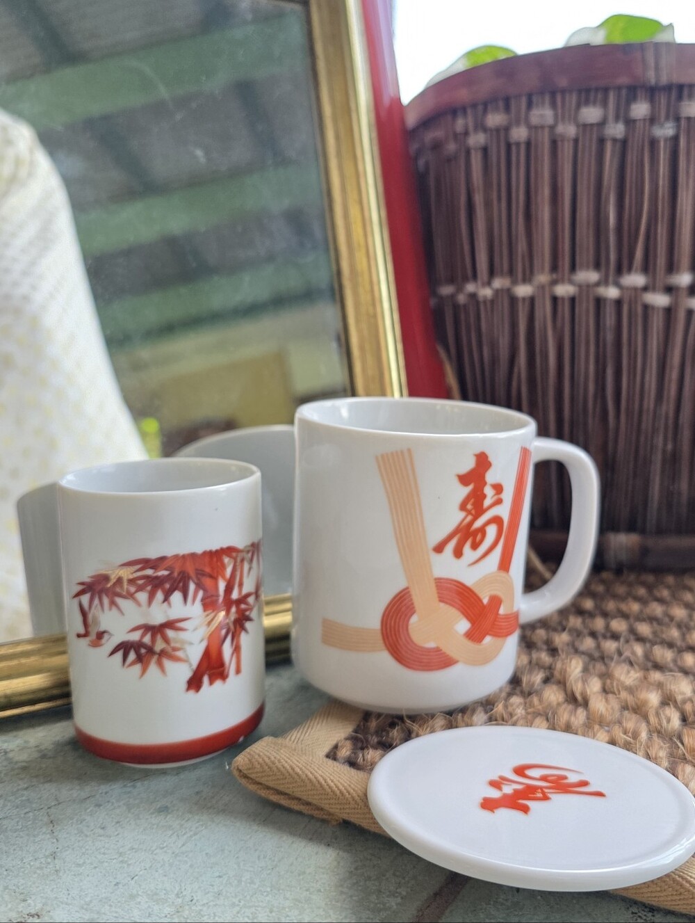 Covered Tea Or Coffee Mug With Handpainted Japanese Maple Cup. Bundle 3 Pieces